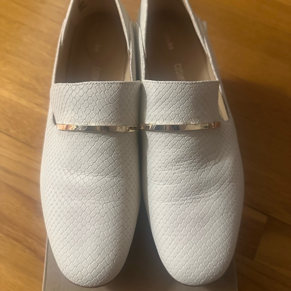 Clarks Pure Viola Trim White Snakes Chic White Textured Loafers with Gold Accent